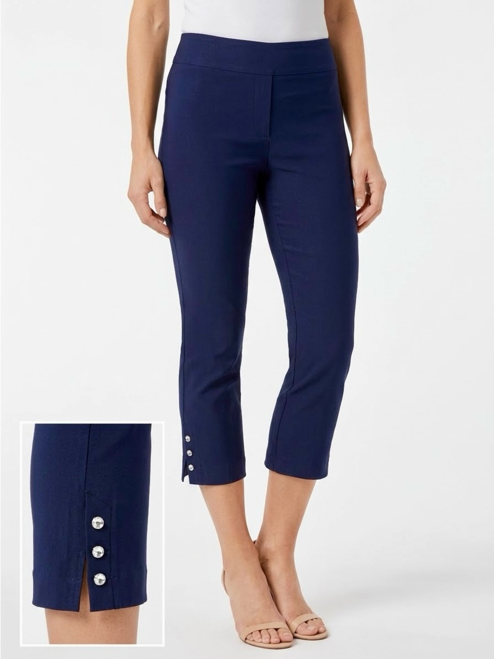 NINE EIGHT NY Navy Blue Cropped Ponte Capri Pants w Bling Button Hem — #131 LHP